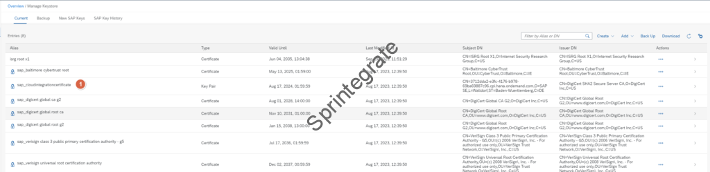 Select Keystore entry: sap_cloudintegrationcertificate