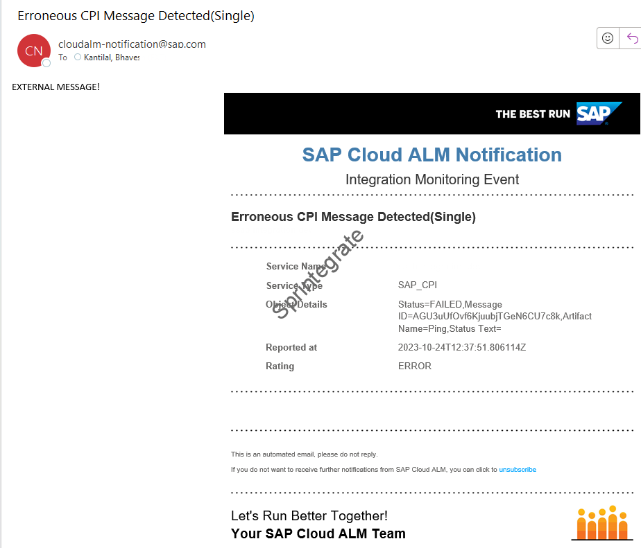Email Received from Cloud ALM Erroneous CPI Message Detected(Single) 