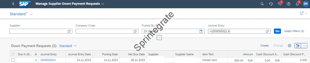 Down Payment Request S/4 Hana Public Cloud
