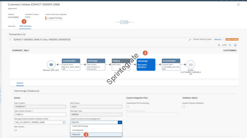 Go to the Interchange and Change Option "Create Functional Acknowledgement" from None to Required
None - No Functional Acknowledgment is generated
Check EDI Envelop - The Incoming EDI message is checked and if FA is requested in the EDI Control Records, then the Functional Acknowledgment is generated. In this case the FA is generated only if the Partner requests it.
Required - FA will be always generated