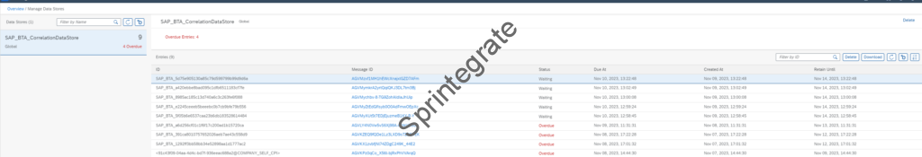 SAP_BTA_CorrelationDataStore containing the Data FA Corelation Data