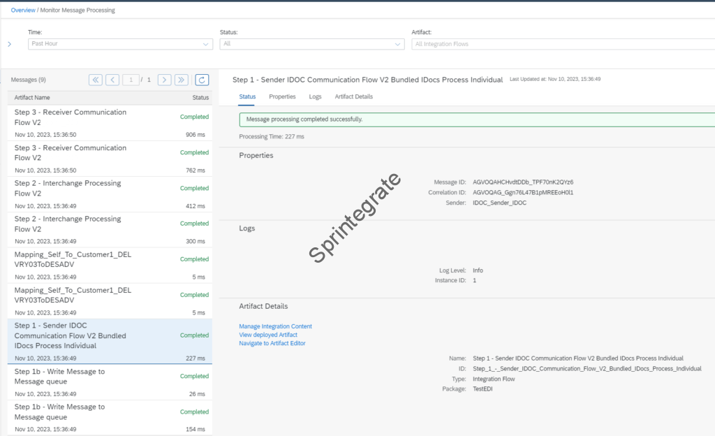 IDocs Split and processed through TPM. Logs from Message Monitoring in SAP Cloud Integration
