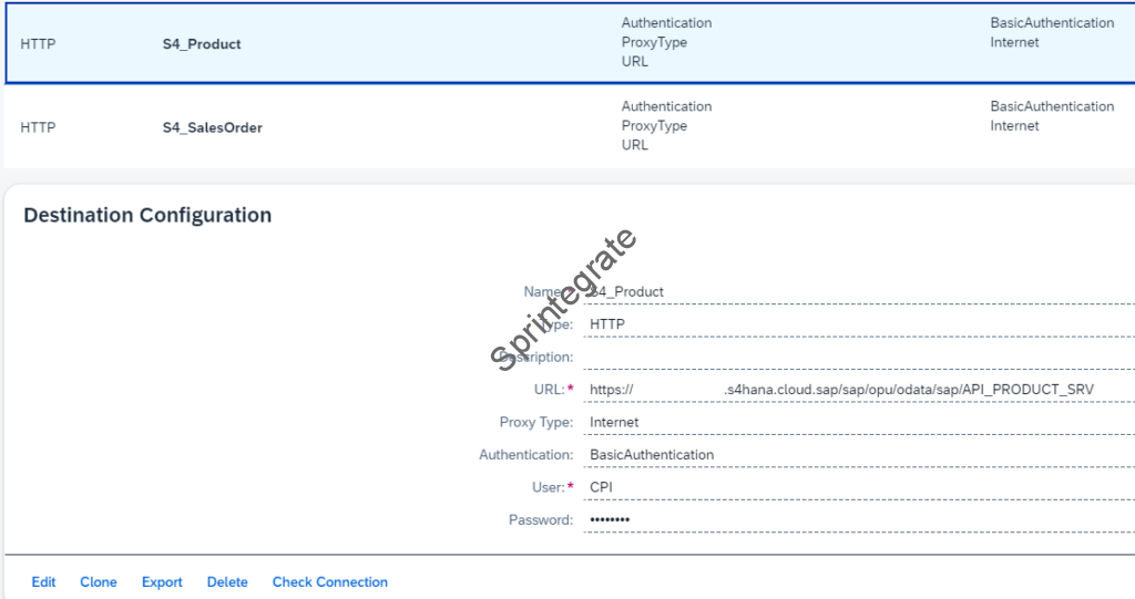 Create Destination S4_Product for the S/4Hana Product API