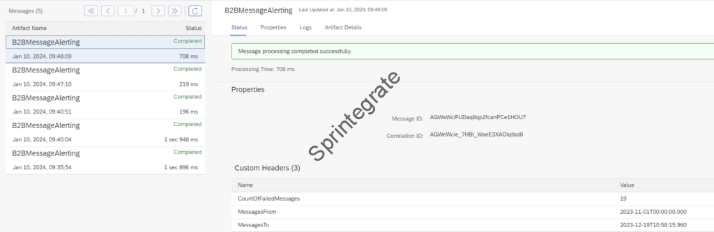 Logs in Message Monitoring on Cloud Integration using Custom Headers.