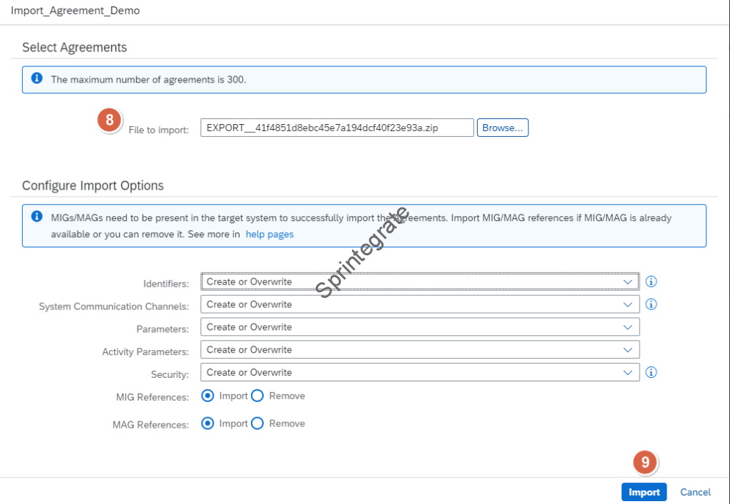 Import Agreement with the Default Parameters of Create or Overwrite