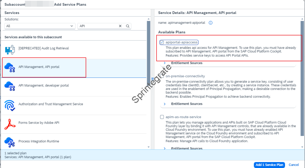 Configure entitlements and enable API Management, API Portal